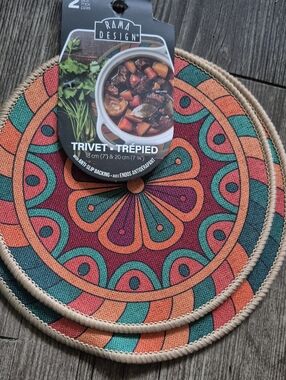 Rama Design Boho Colorful Circular Trivet Set - Teal, Orange, Burgundy